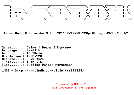 NFO for the release Irene.Huss.Det.Lomska.Natet.2011.SWEDiSH.720p.BluRay.x264-iMSORNY by iMSORNY