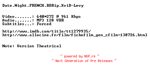 NFO for the release Date.Night.FRENCH.BDRip.XviD-Levy by Levy