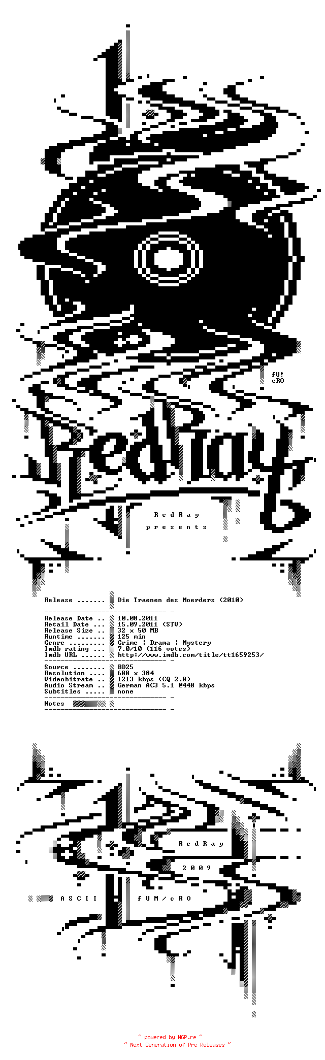 NFO for the release Die.Traenen.des.Moerders.2010.German.AC3.BDRip.XviD-RedRay by RedRay