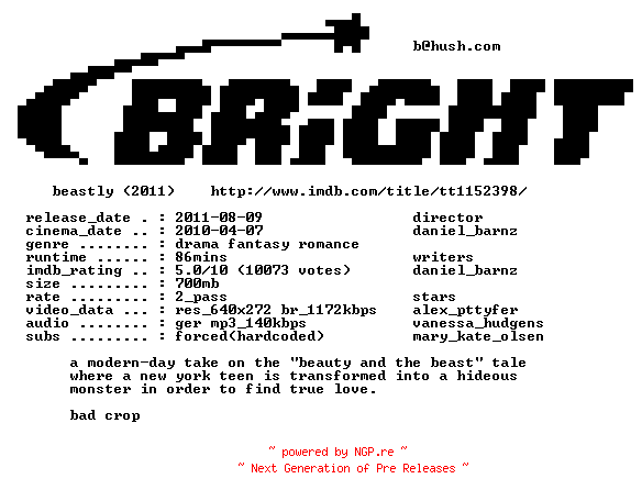 NFO for the release Beastly.German.BDRip.XviD.RERIP-BRiGHT by BRiGHT