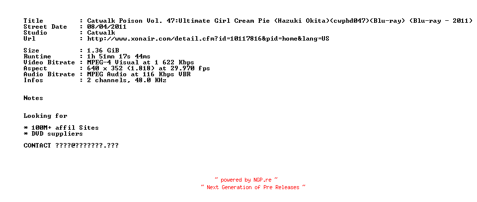 NFO for the release Catwalk.Poison.Vol.47.Ultimate.Girl.Cream.Pie.Hazuki.Okita.BDRip.XviD.JAV.Uncensored-JapanX by JapanX
