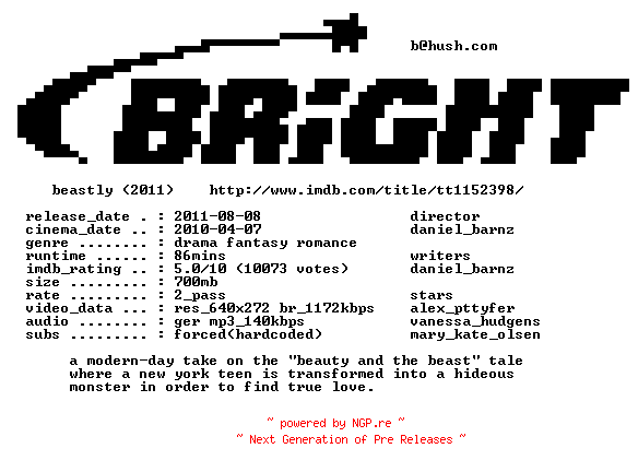 NFO for the release Beastly.German.BDRip.XviD-BRiGHT by BRiGHT