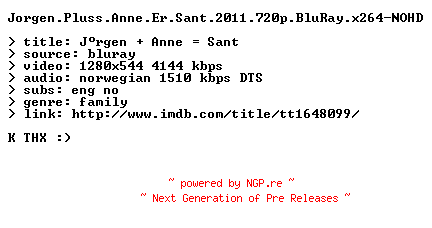 NFO for the release Jorgen.Pluss.Anne.Er.Sant.2011.720p.BluRay.x264-NOHD by NOHD