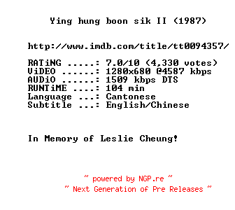 NFO for the release A.Better.Tomorrow.II.1987.720p.BluRay.x264-MELiTE by MELiTE