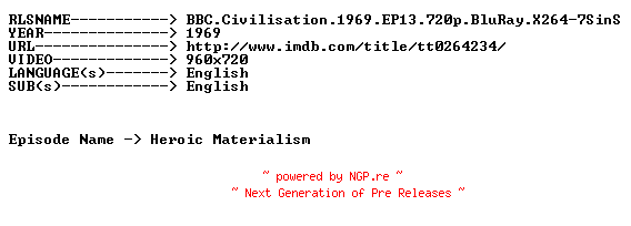 NFO for the release BBC.Civilisation.1969.EP13.720p.BluRay.X264-7SinS by 7SinS