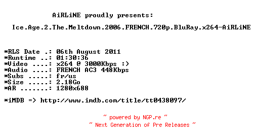 NFO for the release Ice.Age.2.The.Meltdown.2006.FRENCH.720p.BluRay.x264-AiRLiNE by AiRLiNE
