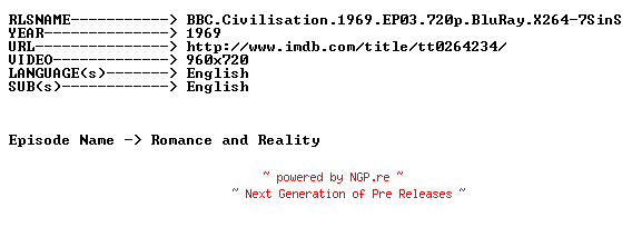 NFO for the release BBC.Civilisation.1969.EP03.720p.BluRay.X264-7SinS by 7SinS