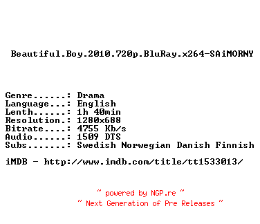 NFO for the release Beautiful.Boy.2010.720p.BluRay.x264-SAiMORNY by SAiMORNY