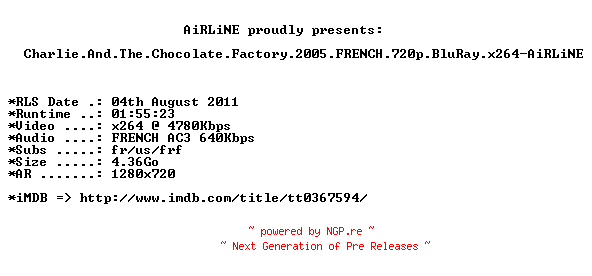 NFO for the release Charlie.And.The.Chocolate.Factory.2005.FRENCH.720p.BluRay.x264-AiRLiNE by AiRLiNE