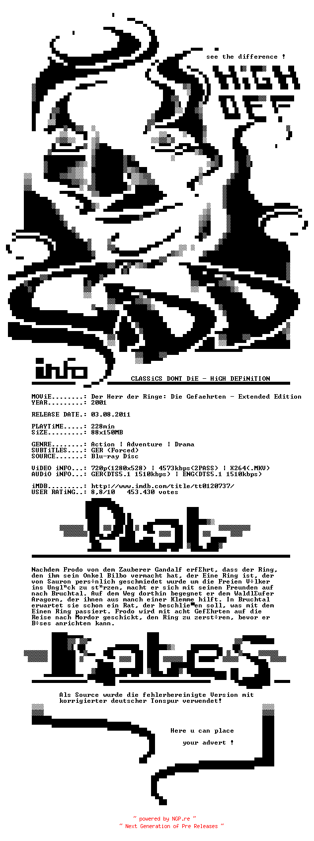 NFO for the release Der.Herr.der.Ringe.Die.Gefaehrten.Extended.Edition.2001.German.DL.720p.BluRay.x264.NEUPRESSUNG-CDD by CDD