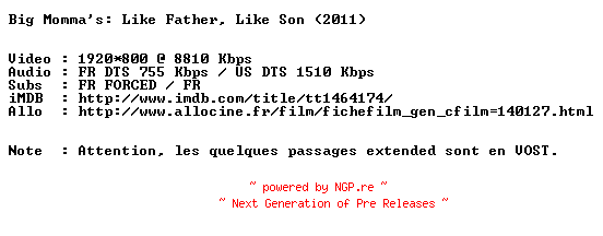 NFO for the release Big.Mommas.Like.Father.Like.Son.2011.EXTENDED.VERSION.MULTi.1080.BluRay.x264-MAGiCAL by MAGiCAL