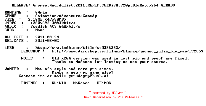 NFO for the release Gnomeo.And.Juliet.2011.RERiP.SWEDiSH.720p.BluRay.x264-GERUDO by GERUDO