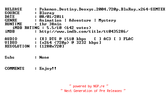 NFO for the release Pokemon.Destiny.Deoxys.2004.720p.BluRay.x264-SEMTEX by SEMTEX