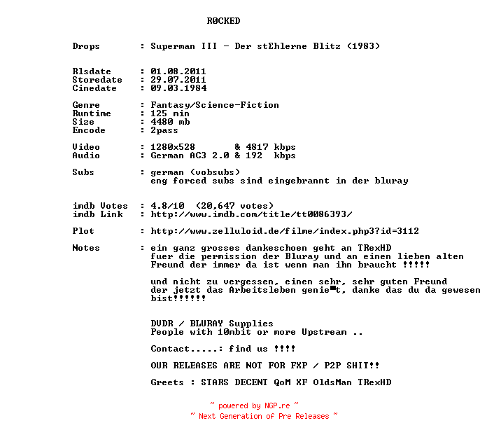 NFO for the release Superman.III.Der.staehlerne.Blitz.1983.German.AC3.720p.BluRay.x264-R0CKED by R0CKED