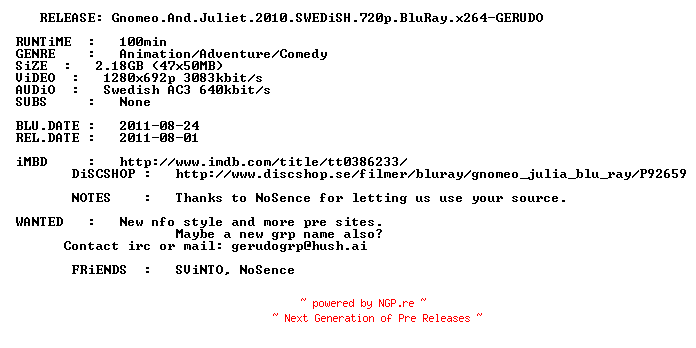 NFO for the release Gnomeo.And.Juliet.2010.SWEDiSH.720p.BluRay.x264-GERUDO by GERUDO