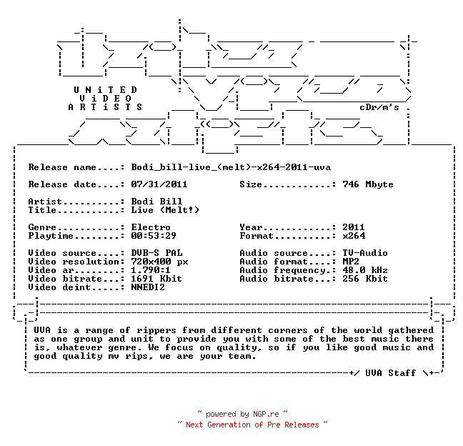 NFO for the release Bodi_bill-live_(melt)-x264-2011-uva by uva