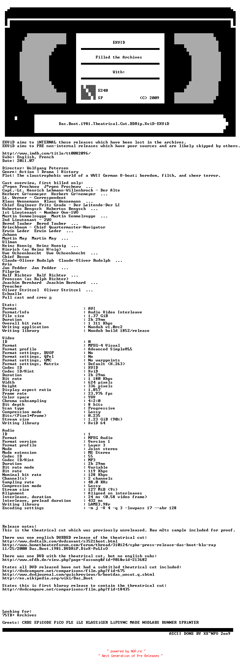 NFO for the release Das.Boot.1981.Theatrical.Cut.BDRip.XviD-EXViD by EXViD