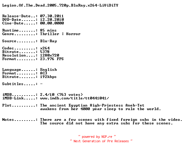 NFO for the release Legion.Of.The.Dead.2005.720p.BluRay.x264-LiViDiTY by LiViDiTY