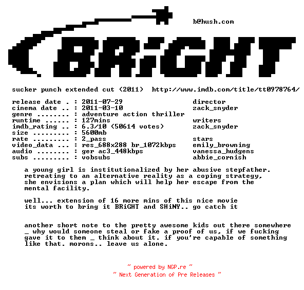 NFO for the release Sucker.Punch.EXTENDED.German.BDRip.AC3.XviD-BRiGHT by BRiGHT