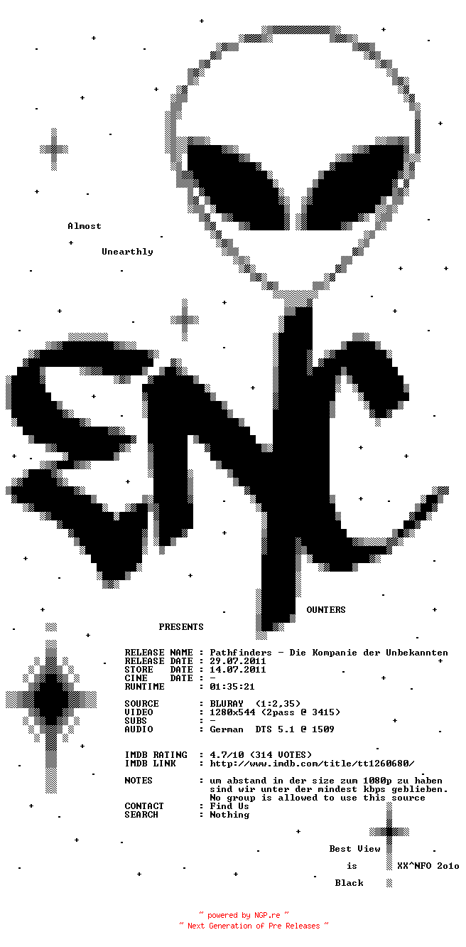 NFO for the release Pathfinders.Die.Kompanie.der.Unbekannten.2011.German.720p.BluRay.x264-ENCOUNTERS by ENCOUNTERS