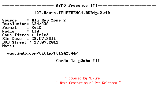 NFO for the release 127.Hours.TRUEFRENCH.BDRip.XviD-AYMO by AYMO