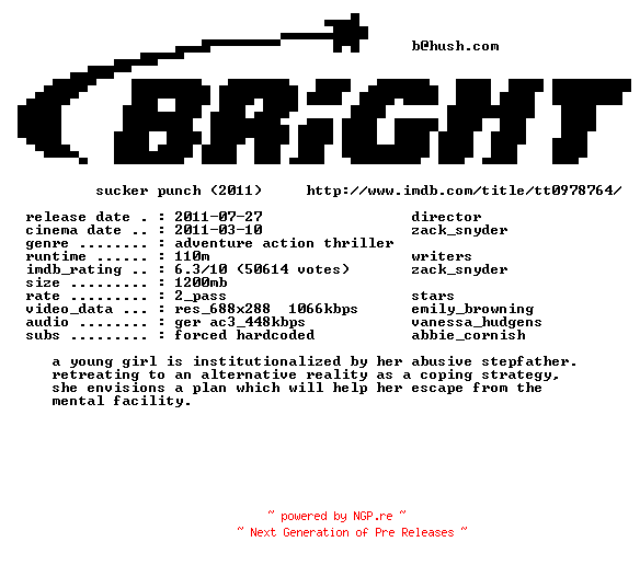 NFO for the release Sucker.Punch.German.BDRip.AC3.XviD-BRiGHT by BRiGHT