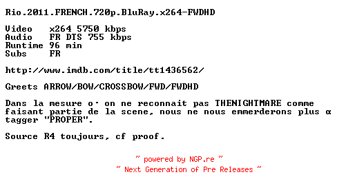 NFO for the release Rio.2011.FRENCH.720p.BluRay.x264-FWDHD by FWDHD