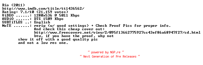 NFO for the release Rio.PROPER.REAL.RERiP.720p.BluRay.x264-CROSSBOW by CROSSBOW