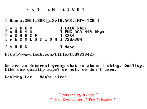 NFO for the release Hanna.2011.BDRip.XviD.AC3.iNT-iTCH by iTCH