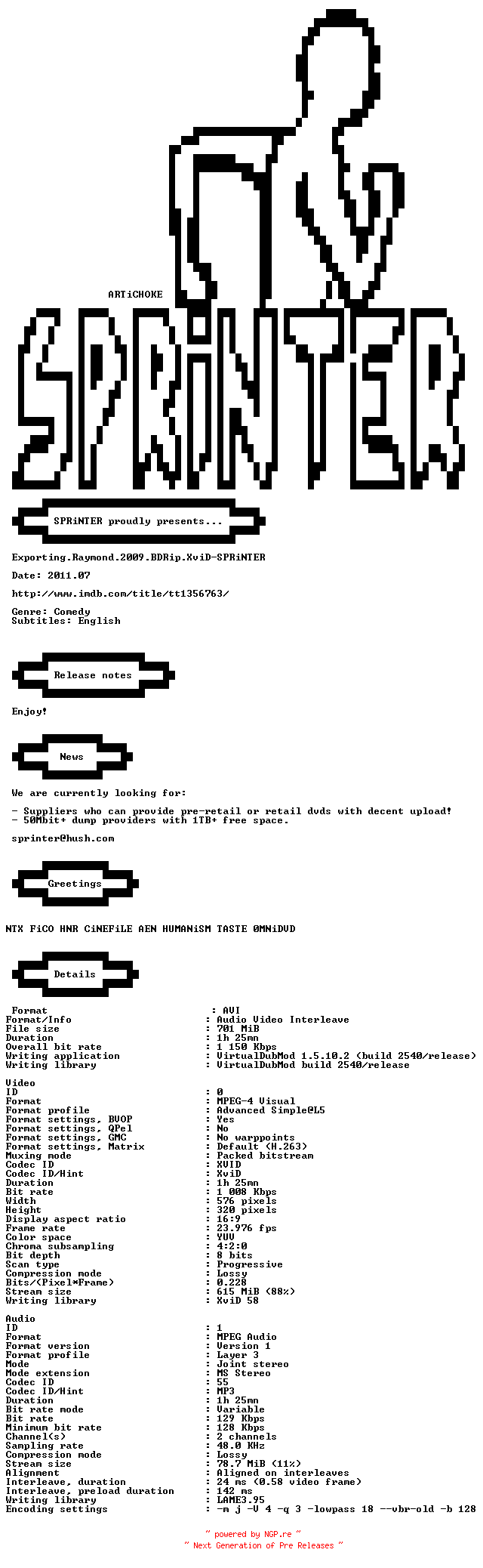NFO for the release Exporting.Raymond.2010.BDRip.XviD-SPRiNTER by SPRiNTER