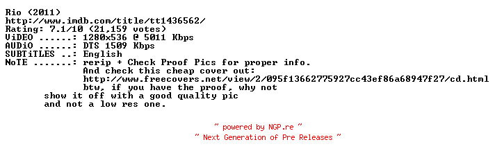 NFO for the release Rio.PROPER.RERiP.720p.BluRay.x264-CROSSBOW by CROSSBOW