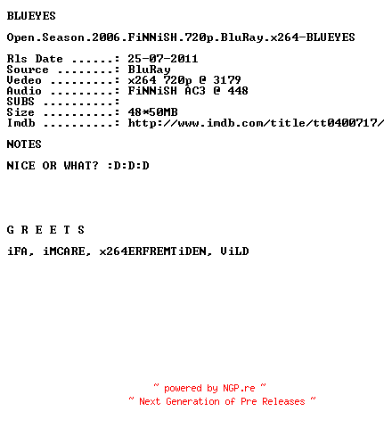 NFO for the release Open.Season.2006.FiNNiSH.720p.BluRay.x264-BLUEYES by BLUEYES