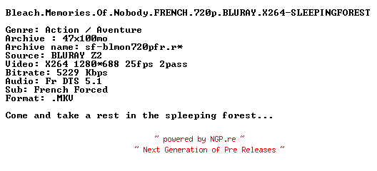 NFO for the release Bleach.Memories.Of.Nobody.FRENCH.720p.BLURAY.X264-SLEEPINGFOREST by SLEEPINGFOREST