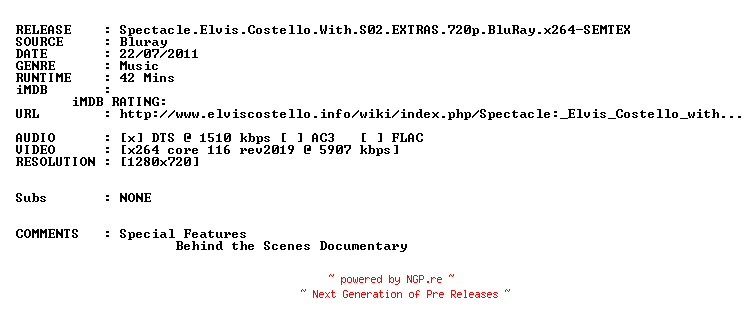 NFO for the release Spectacle.Elvis.Costello.With.S02.EXTRAS.720p.BluRay.x264-SEMTEX by SEMTEX