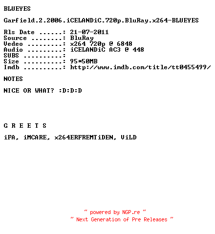 NFO for the release Garfield.2.2006.iCELANDiC.720p.BluRay.x264-BLUEYES by BLUEYES