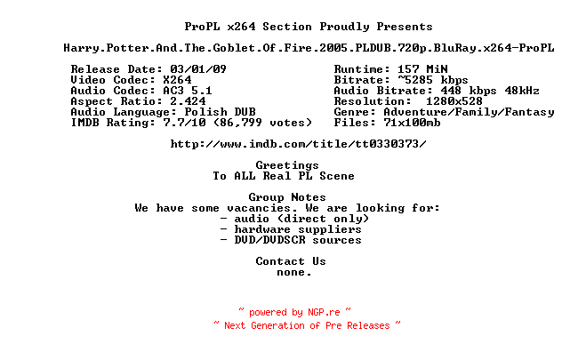 NFO for the release Harry.Potter.And.The.Goblet.Of.Fire.2005.PLDUB.720p.BluRay.x264-ProPL by ProPL