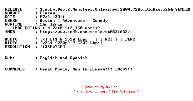 NFO for the release Scooby.Doo.2.Monsters.Unleashed.2004.720p.BluRay.x264-SEMTEX by SEMTEX