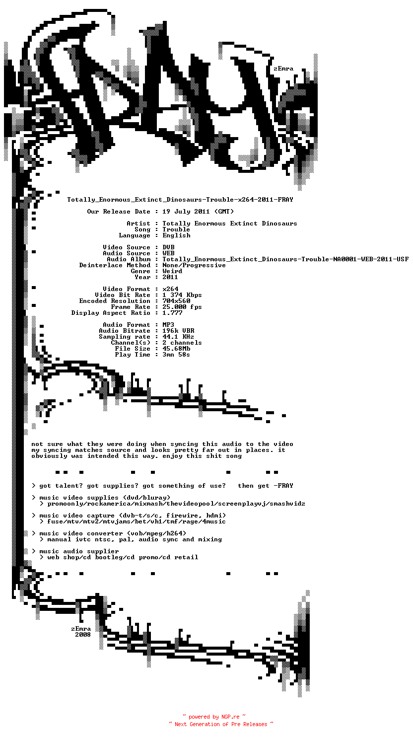 NFO for the release Totally_Enormous_Extinct_Dinosaurs-Trouble-x264-2011-FRAY by FRAY