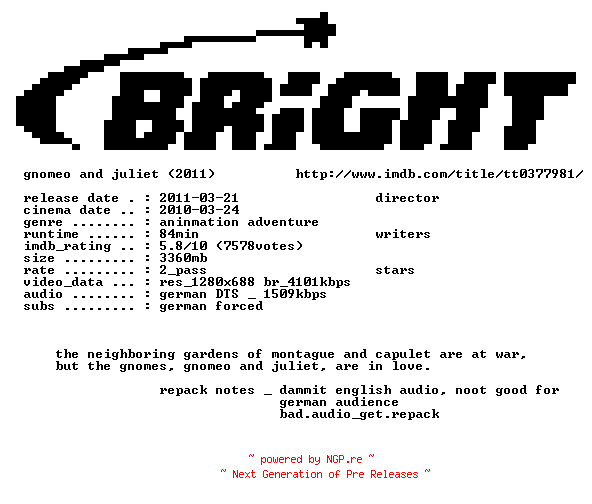 NFO for the release Gnomeo.und.Julia.German.720p.BluRay.x264.REPACK-BRiGHT by BRiGHT