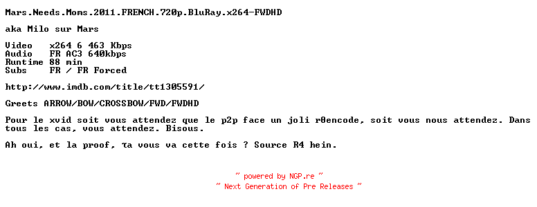 NFO for the release Mars.Needs.Moms.2011.FRENCH.720p.BluRay.x264-FWDHD by FWDHD