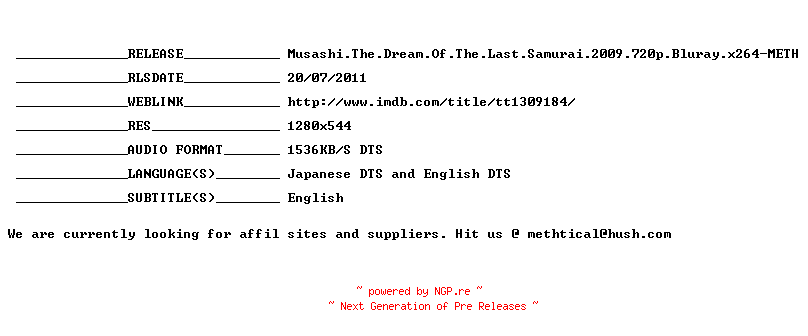 NFO for the release Musashi.The.Dream.Of.The.Last.Samurai.2009.720p.Bluray.x264-METH by METH