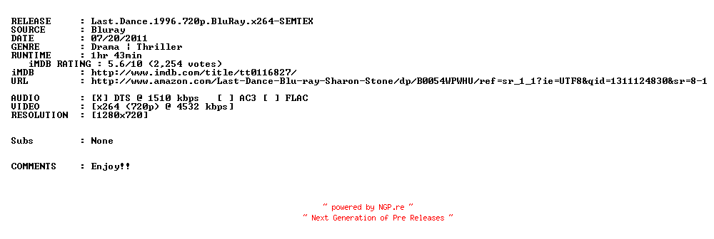 NFO for the release Last.Dance.1996.720p.BluRay.x264-SEMTEX by SEMTEX