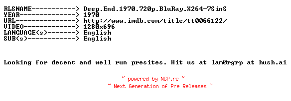 NFO for the release Deep.End.1970.720p.BluRay.X264-7SinS by 7SinS
