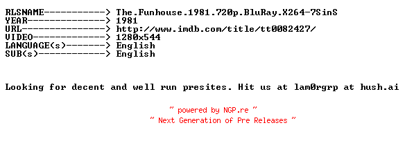 NFO for the release The.Funhouse.1981.720p.BluRay.X264-7SinS by 7SinS