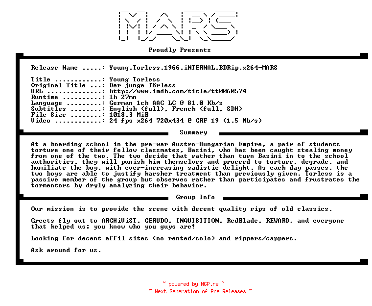 NFO for the release Young.Torless.1966.iNTERNAL.BDRip.x264-MARS by MARS