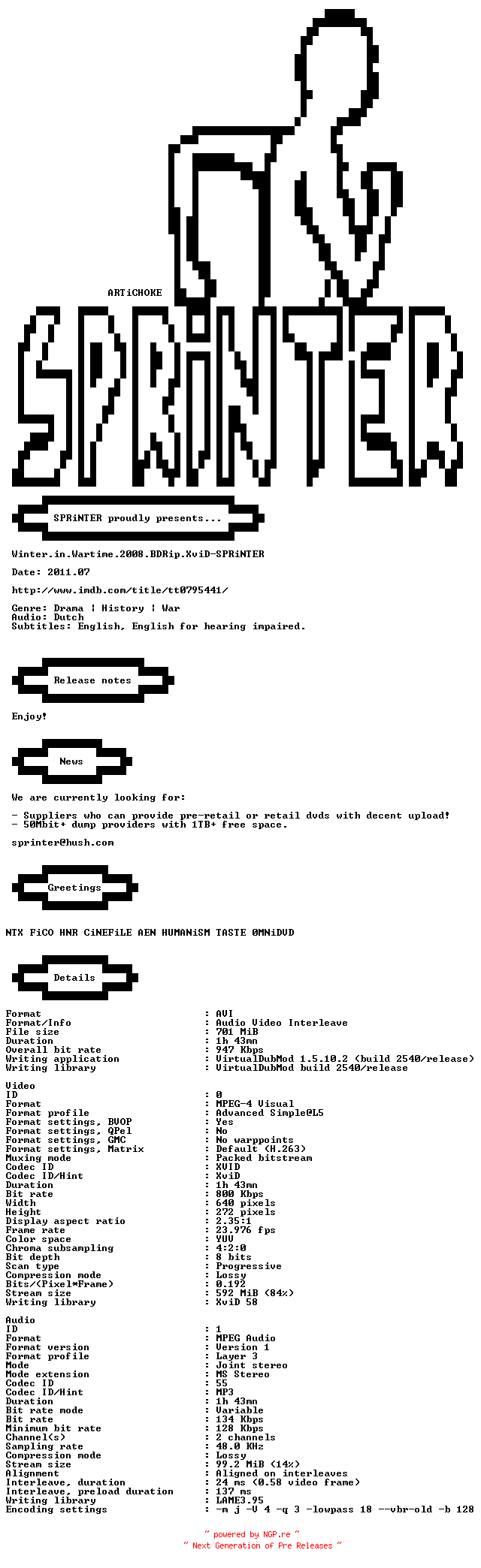 NFO for the release Winter.in.Wartime.2008.BDRip.XviD-SPRiNTER by SPRiNTER