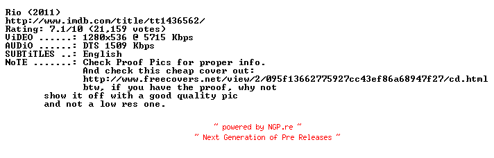 NFO for the release Rio.PROPER.720p.BluRay.x264-CROSSBOW by CROSSBOW