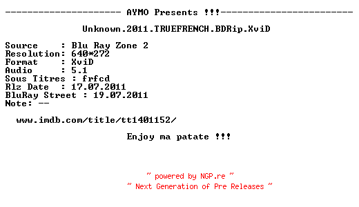 NFO for the release Unknown.2011.TRUEFRENCH.BDRip.XviD-AYMO by AYMO