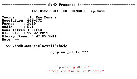 NFO for the release The.Rite.2011.TRUEFRENCH.BDRip.XviD-AYMO by AYMO