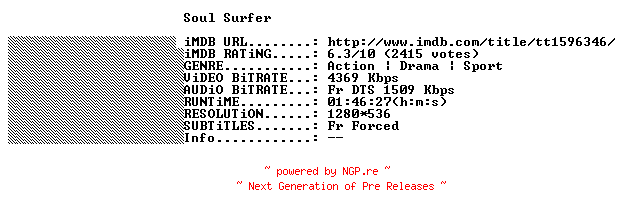 NFO for the release Soul.Surfer.FRENCH.720p.BluRay.x264-THENiGHTMAREiNHD by THENiGHTMAREiNHD